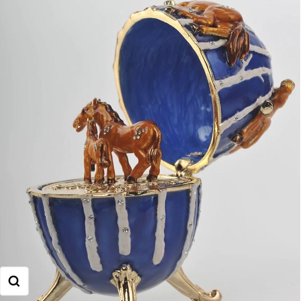 Keren Kopal Rare!!! blue Faberge egg trinket box with brown horses